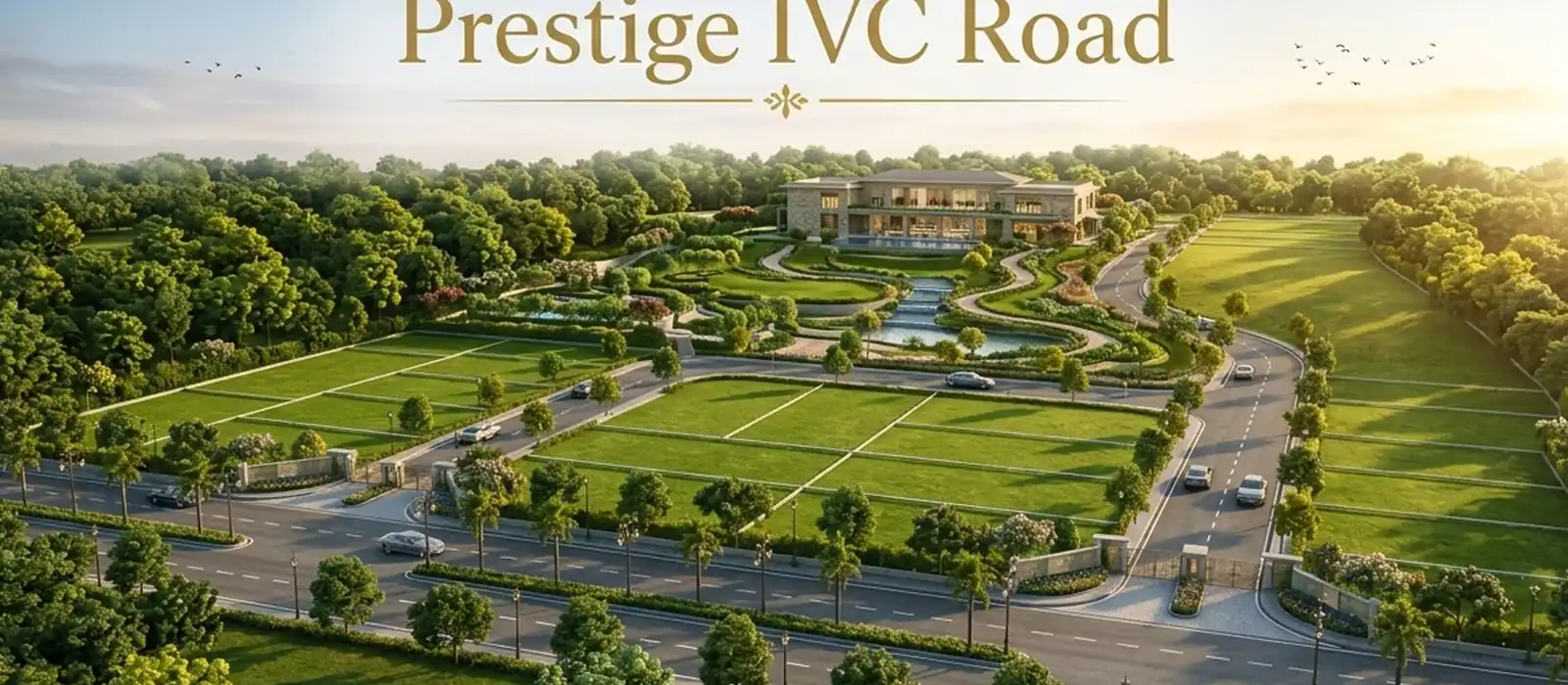 Aerial view of the 34-acre Prestige IVC Road plotted development on IVC Road, Devanahalli