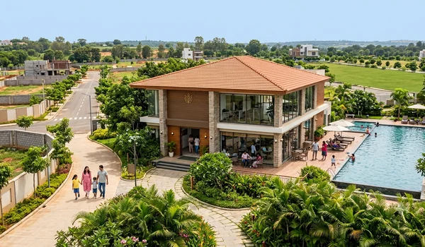 Low-rise clubhouse building set in landscaping, representing community clubhouse facilities in a plotted development