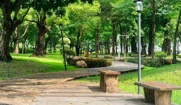 Outdoor children's play equipment representing family recreation zones in a residential community